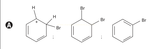 Sequência de três estruturas químicas bromadas, alternativa A, partindo de um carbocátion até o produto bromado.