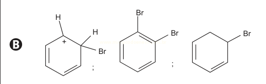 Sequência de três estruturas químicas bromadas, alternativa B, com posições diferentes de bromo e ligações duplas.