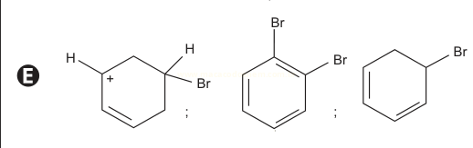 Sequência de três estruturas químicas bromadas, alternativa E, com carbocátion e produtos bromados.