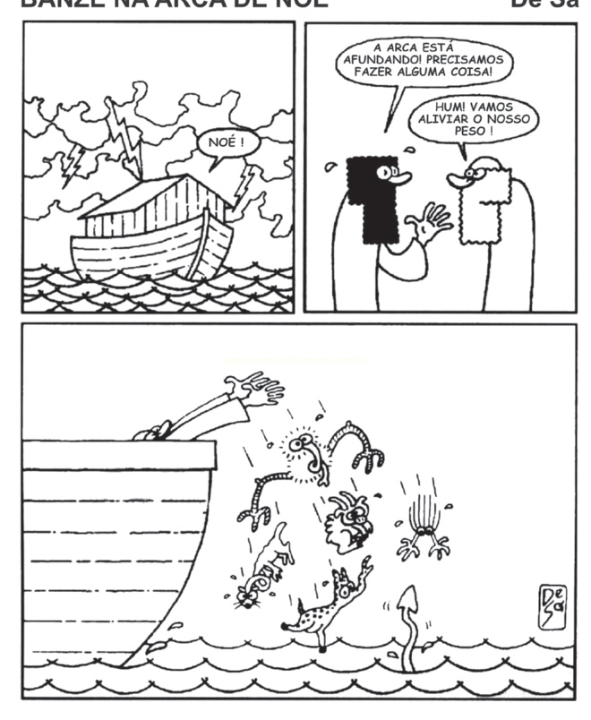 Tira de quadrinhos em que, após Noé gritar, dois homens decidem aliviar o peso da arca jogando animais ao mar.