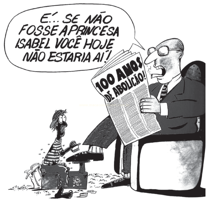 Charge em que um homem de terno lê jornal sobre os 100 anos da abolição enquanto um homem negro engraxa seus sapatos.