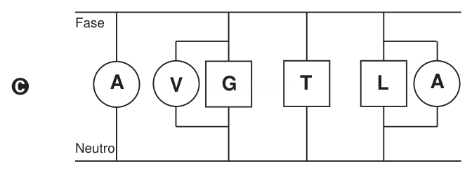 Circuito C: amperímetro no primeiro ramo, voltímetro e G em paralelo, dispositivo T e L em paralelo com um amperímetro.