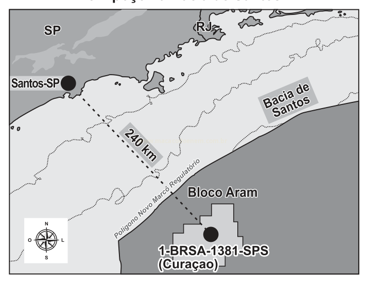 Mapa com o trajeto de Santos-SP até o Bloco Aram, na Bacia de Santos, com distância de 240 km.