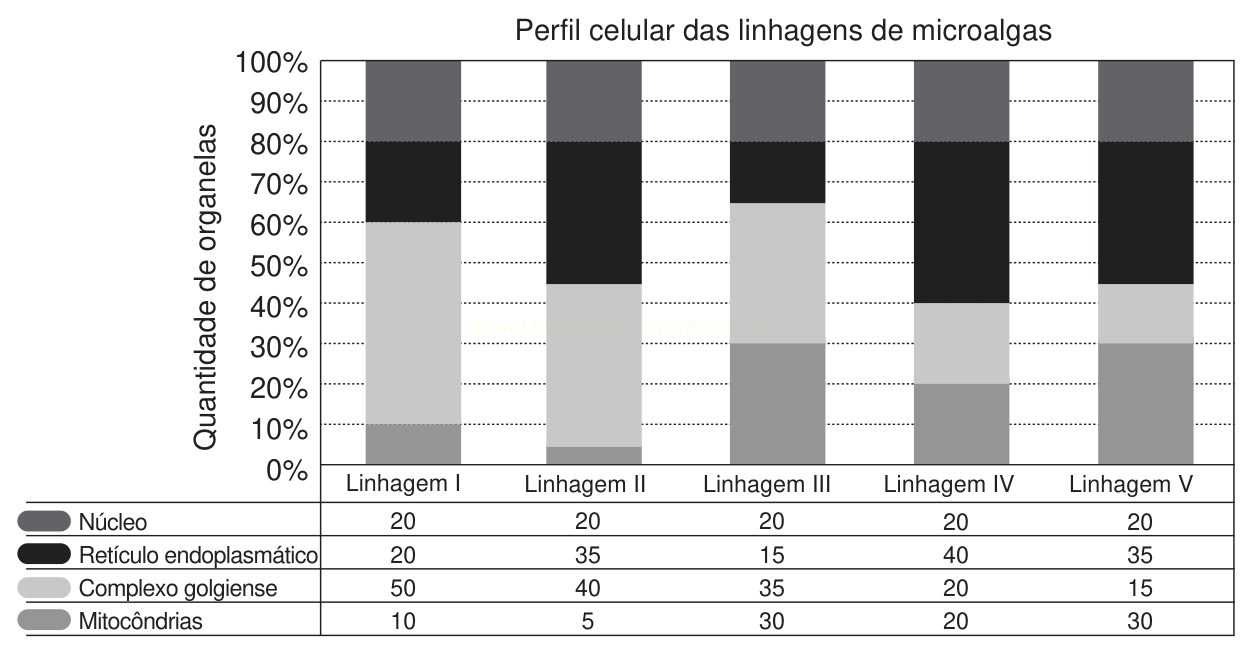 Gráfico de barras empilhadas sobre o perfil celular de cinco linhagens de microalgas, com tabela de valores de quatro organelas em porcentagem.