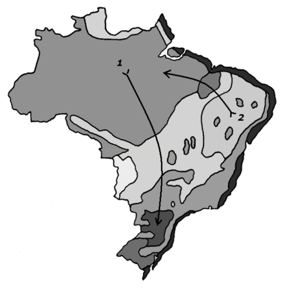Mapa do Brasil com regiões em tons de cinza e duas setas numeradas 1 e 2 indicando deslocamentos entre o Nordeste, o Norte e o Sul.