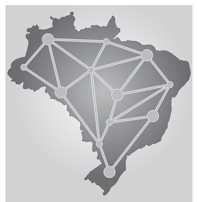Silhueta do mapa do Brasil com uma rede de pontos e linhas conectando várias regiões do país.