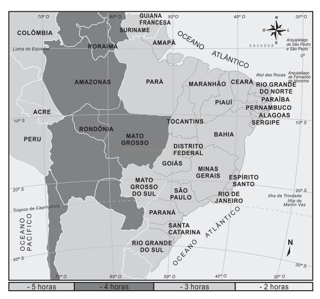 Mapa do Brasil dividido em faixas de fusos horários, de -5 horas a -2 horas, com estados e oceanos nomeados.