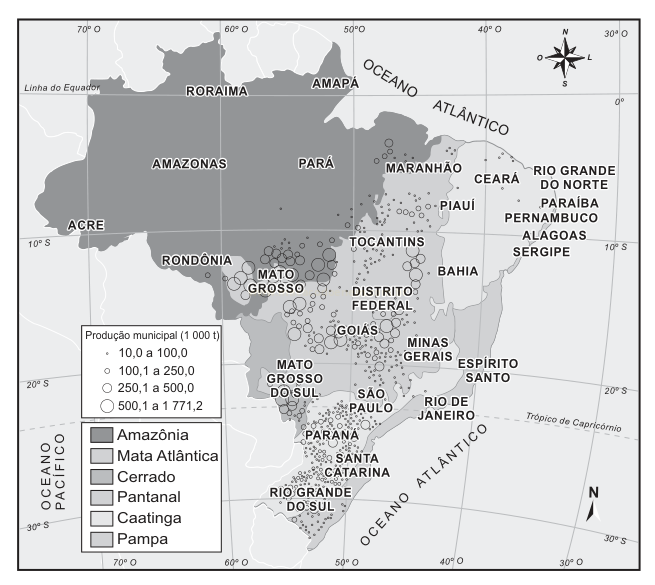 Mapa do Brasil com biomas em tons de cinza e círculos proporcionais à produção municipal por região.