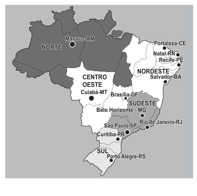 Mapa do Brasil com as cinco regiões destacadas e a localização de cidades e capitais indicadas por pontos.