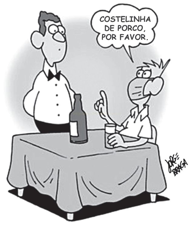 Charge em preto e branco de um cliente pedindo costelinha de porco a um garçom à mesa.