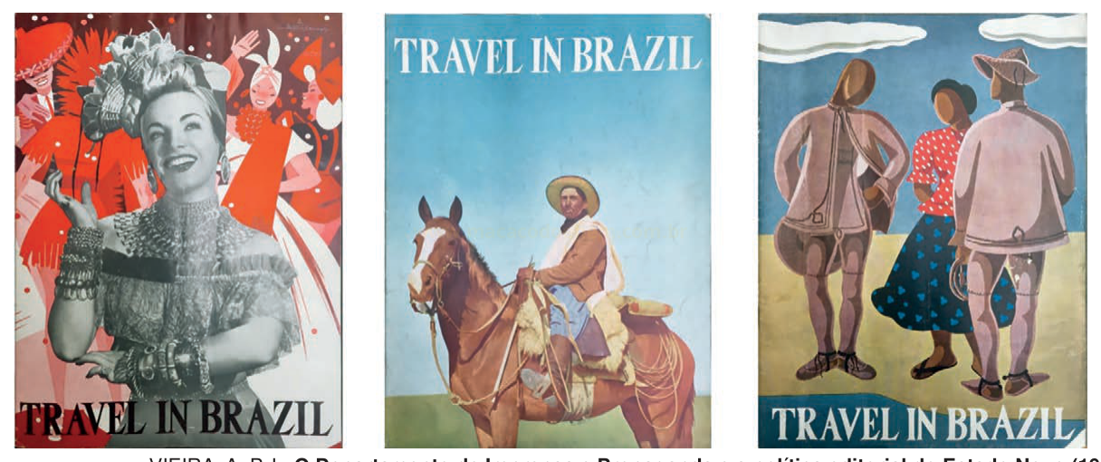 Três cartazes antigos com o título "Travel in Brazil", mostrando festa, cavaleiro e figuras em trajes típicos.