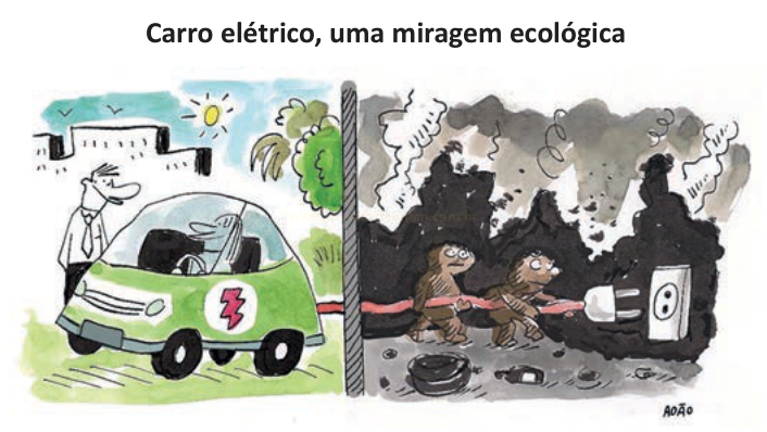Charge sobre carro elétrico ligado a uma tomada em ambiente poluído e coberto de fuligem, puxada por animais.