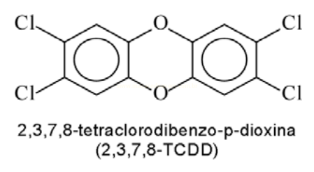 Fórmula estrutural da 2,3,7,8-tetraclorodibenzo-p-dioxina, com dois anéis aromáticos clorados ligados por oxigênios.
