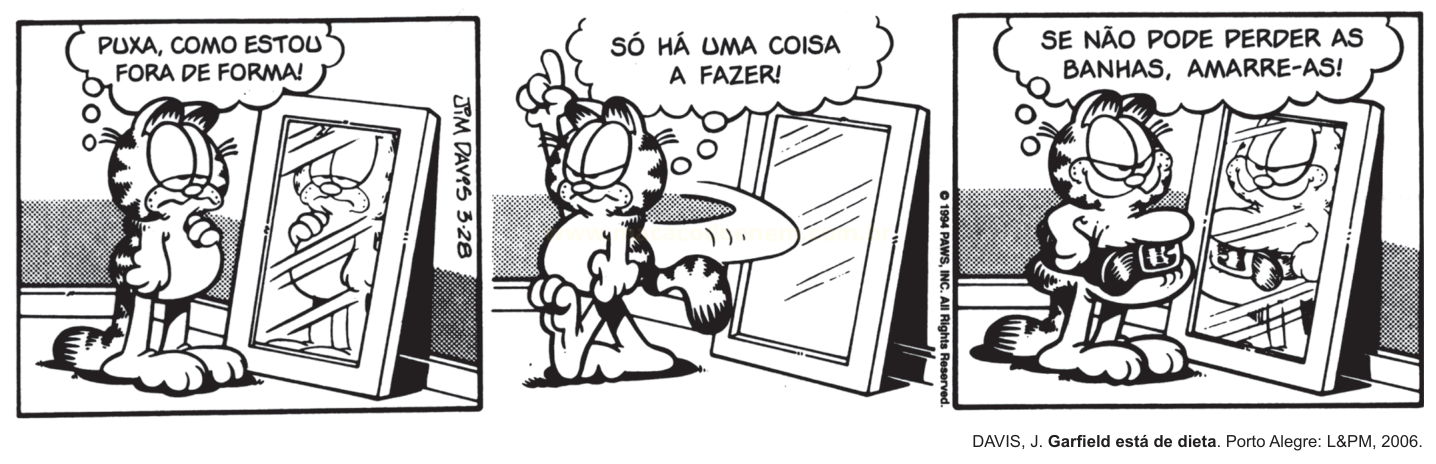 Tirinha em preto e branco com três quadros de um gato listrado diante de um espelho, refletindo sobre estar fora de forma.