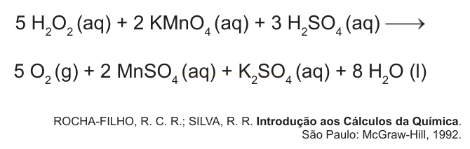 Equação química balanceada entre peróxido de hidrogênio, permanganato de potássio e ácido sulfúrico.