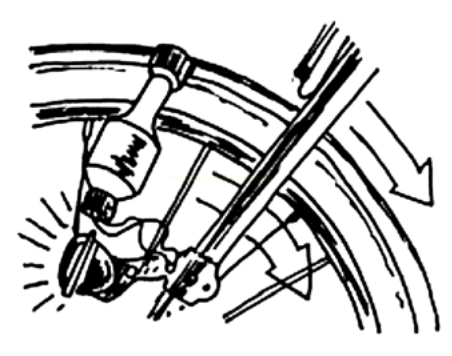 Desenho em preto e branco de um dínamo encostado no pneu de bicicleta, acendendo um farol, com setas indicando a rotação.