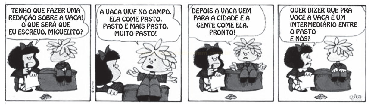 Tira de quadrinhos de quatro quadros em que Miguelito e Mafalda conversam sobre uma redação a respeito da vaca.