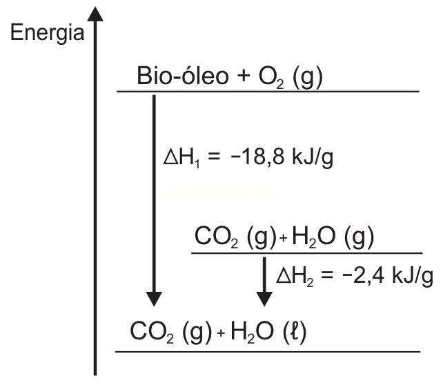 Diagrama de energia da combustão do bio-óleo, com os dois processos de liberação de calor indicados por ΔH1 e ΔH2.