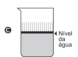Béquer C com bolinhas no nível da água e linhas onduladas acima da superfície.