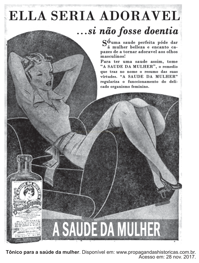 Anúncio antigo em preto e branco com mulher reclinada em um sofá e um frasco do tônico "A Saúde da Mulher".