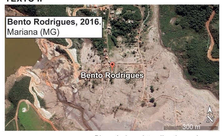 Imagem de satélite de Bento Rodrigues, Mariana (MG), em 2016, com grande área do terreno coberta por lama cinza.
