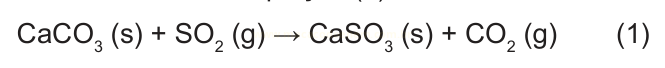 Equação química número 1: carbonato de cálcio sólido reagindo com dióxido de enxofre gasoso e formando sulfito de cálcio e dióxido de carbono.