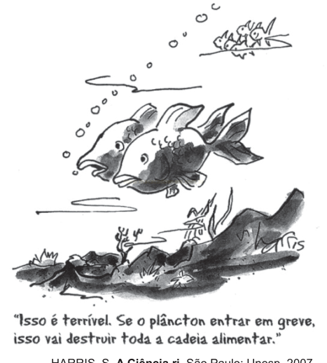 Charge subaquática com peixes e a legenda sobre uma greve do plâncton e a cadeia alimentar.