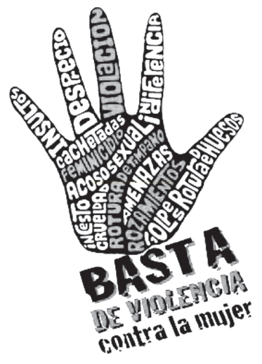 Cartaz com a silhueta de uma mão preenchida por palavras sobre violência e a frase 'BASTA DE VIOLENCIA contra la mujer'.