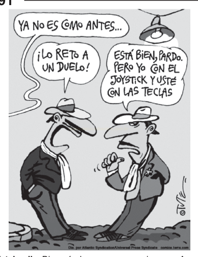 Charge em preto e branco com dois homens de chapéu e terno dialogando sobre um duelo, um propondo usar joystick e teclas.