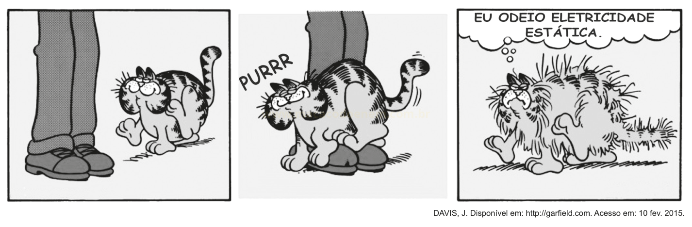 Tirinha de três quadros em que um gato esfrega o corpo nas pernas de uma pessoa e leva um choque de eletricidade estática.