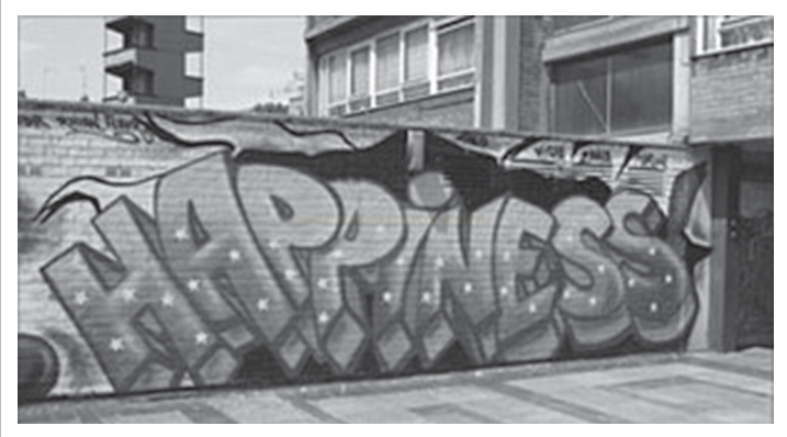 Fotografia de grafite com a palavra HAPPINESS em letras grandes em um muro.