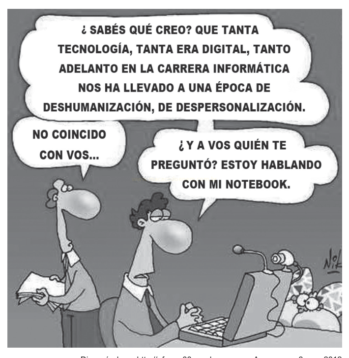 Charge em espanhol com dois homens: um discursa sobre tecnologia enquanto fala com seu notebook, e o outro o escuta.