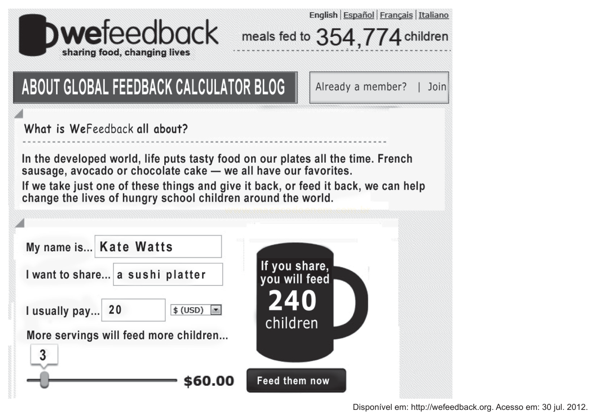 Captura de tela do site WeFeedback, com contador de refeições, texto explicativo e calculadora que converte o valor doado em refeições para crianças.