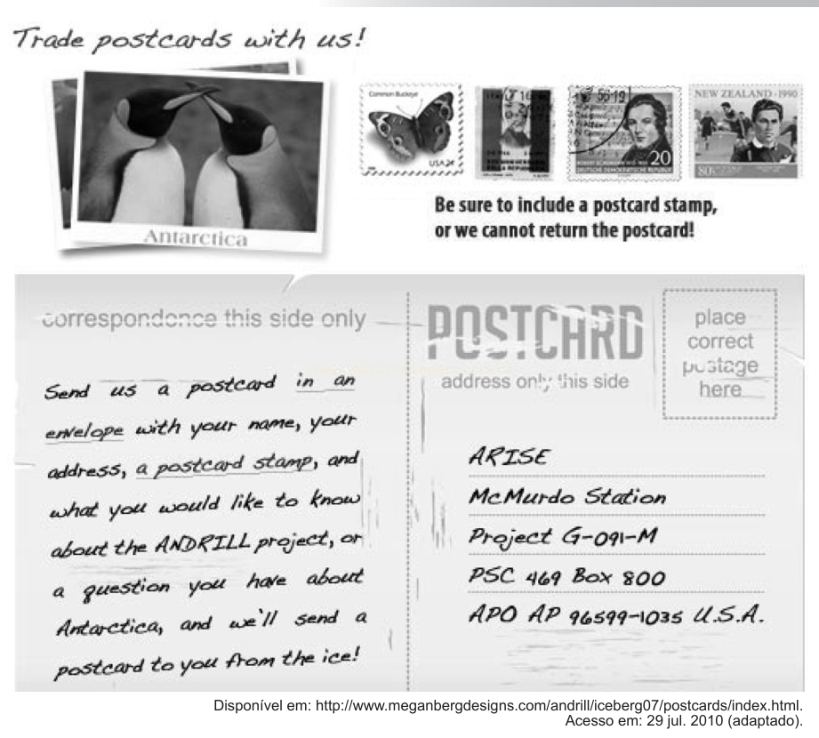 Anúncio de troca de cartões-postais sobre a Antártida, com fotos de pinguins, selos e um modelo de cartão-postal preenchido.