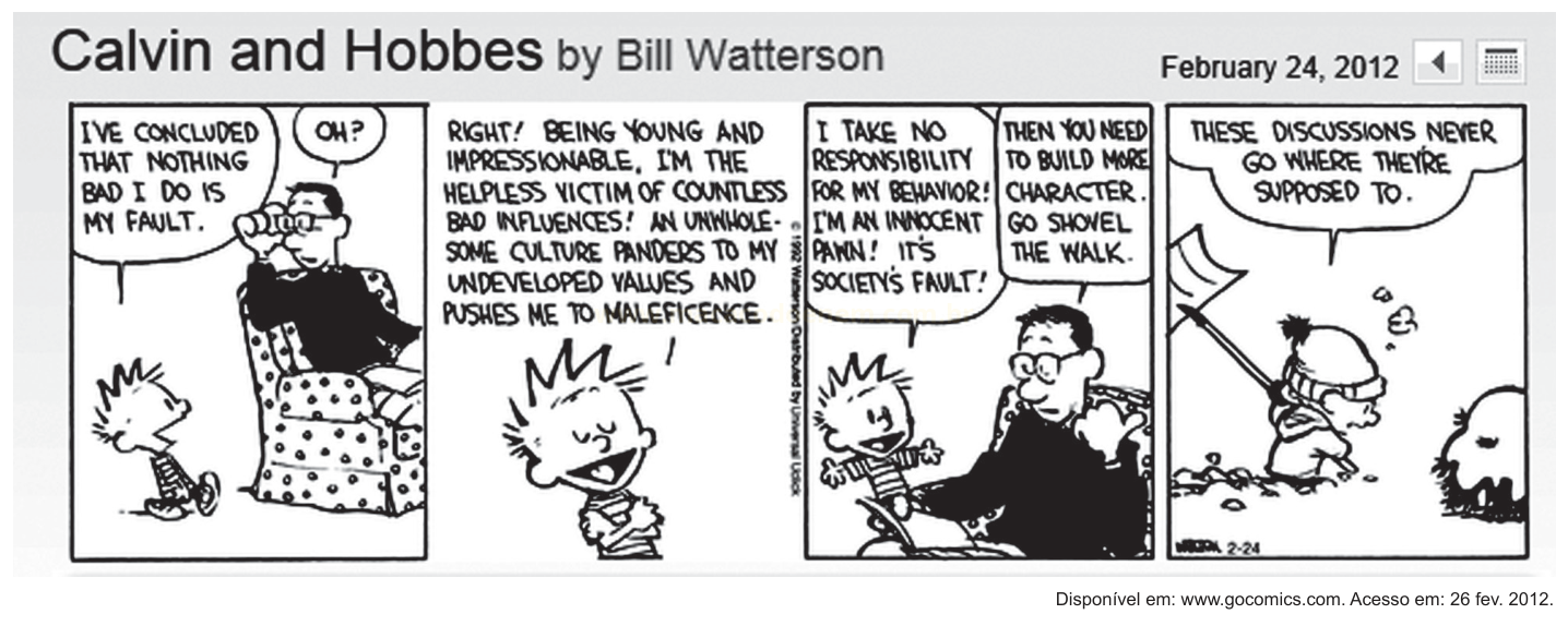 Tira de quadrinhos de Calvin e Hobbes em quatro painéis, com diálogo entre o menino e o pai sobre responsabilidade e caráter.
