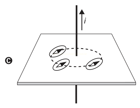 Diagrama de um fio vertical com corrente i atravessando um plano, com três ovais setados sobre uma linha tracejada circular (opção C).