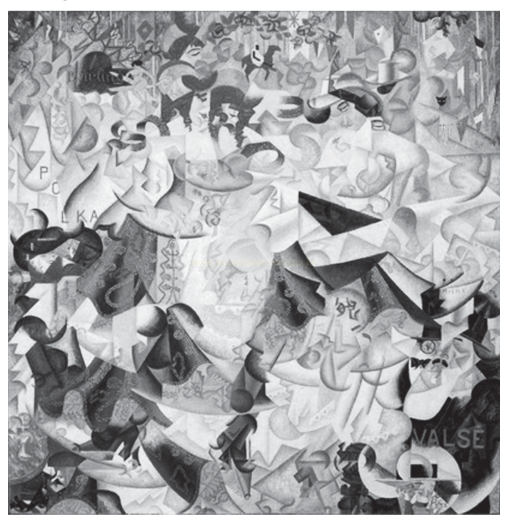 Pintura cubista em preto e branco com formas geométricas fragmentadas, figuras humanas estilizadas e fragmentos de letras, como 'VALSE'.