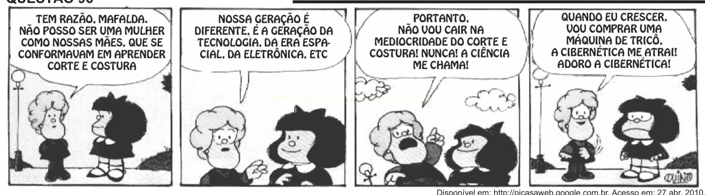 Tira de quadrinhos de quatro quadros em que uma amiga de Mafalda fala sobre tecnologia e ciência, terminando por querer uma máquina de tricô.