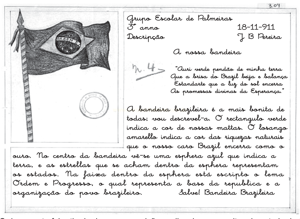 Página manuscrita de caderno escolar com desenho da bandeira do Brasil e redação sobre o significado de suas cores e símbolos.