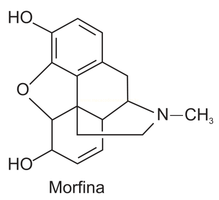 Fórmula estrutural da morfina, com anéis aromáticos, ponte de oxigênio, grupos hidroxila e nitrogênio metilado.
