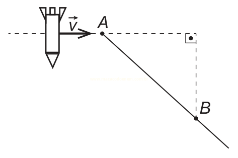 Diagrama de foguete com vetor velocidade e trajetória retilínea inclinada do ponto A ao ponto B.