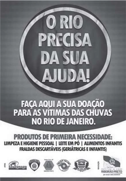Cartaz de campanha pedindo doações para as vítimas das chuvas no Rio de Janeiro, com lista de produtos de primeira necessidade.