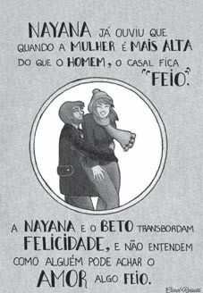Cartum em tons de cinza com um casal se abraçando dentro de um círculo e textos sobre a diferença de altura entre Nayana e Beto.