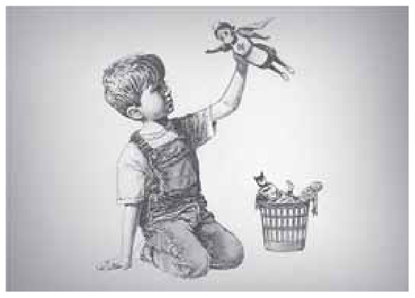 Ilustração de um menino ajoelhado erguendo uma boneca sobre uma cesta de lixo com outros brinquedos descartados.