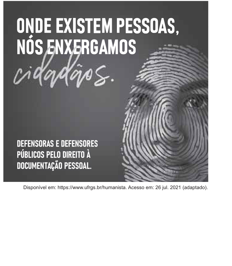 Cartaz em fundo escuro com a frase 'Onde existem pessoas, nós enxergamos cidadãos' e um rosto formado por linhas de impressão digital.