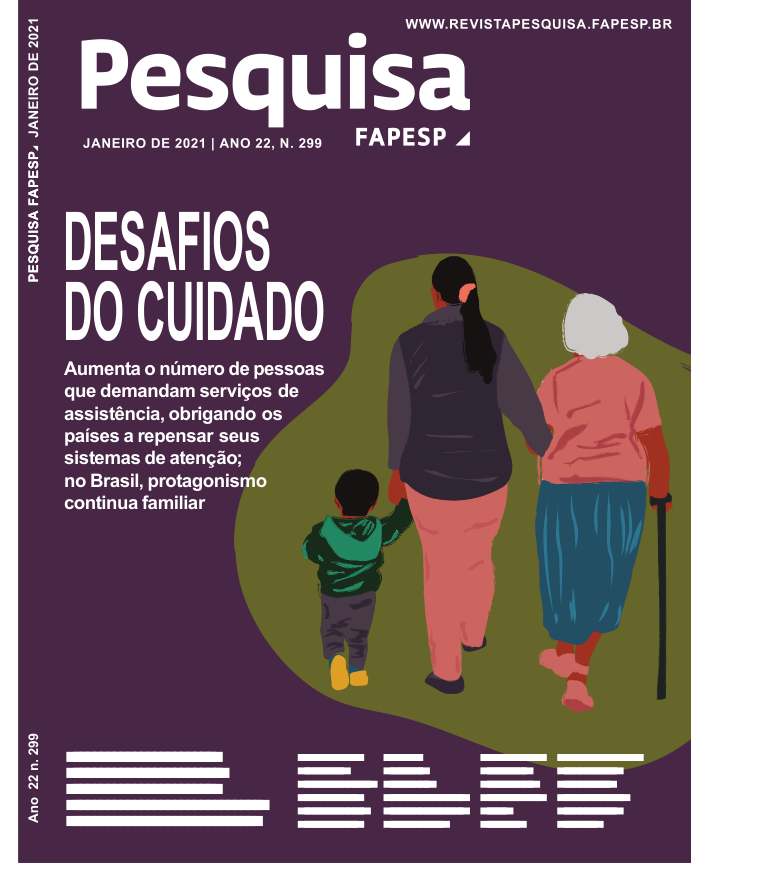 Capa da revista Pesquisa FAPESP com o título 'Desafios do cuidado' e ilustração de uma criança, uma mulher e uma pessoa idosa caminhando de mãos dadas.