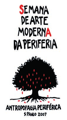 Cartaz com os dizeres 'Semana de Arte Moderna da Periferia' e a silhueta de uma árvore com gotas vermelhas.